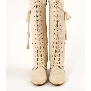 Elegant Cream Lace-Up Knee-High Boots